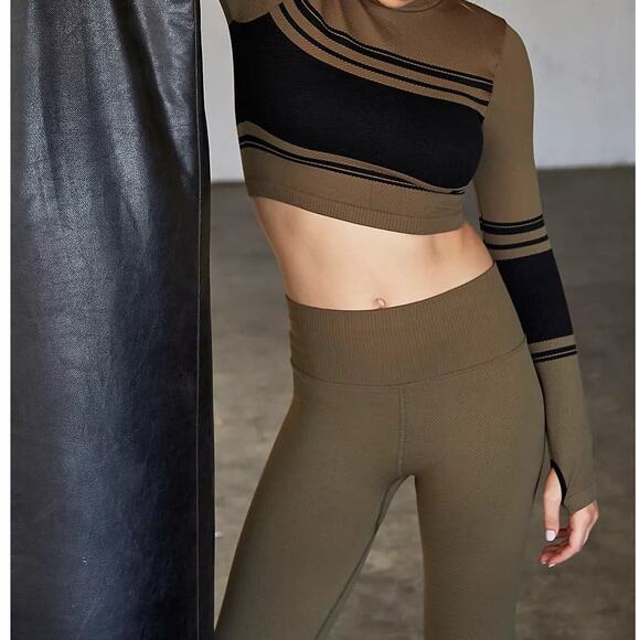 Free People Movement Finish Line Leggings Olive Green Stripe Ribbed Waffle Knit - Picture 5 of 7